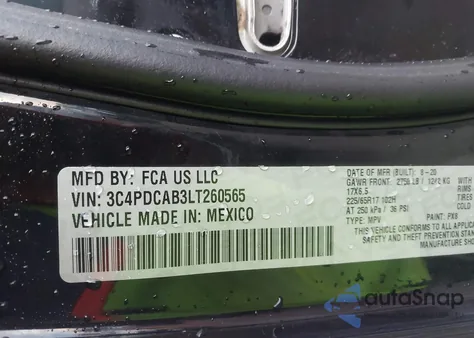 2020 Dodge Journey Se Value z USA, uszkodzony, nr VIN 3C4PDCAB3LT260565